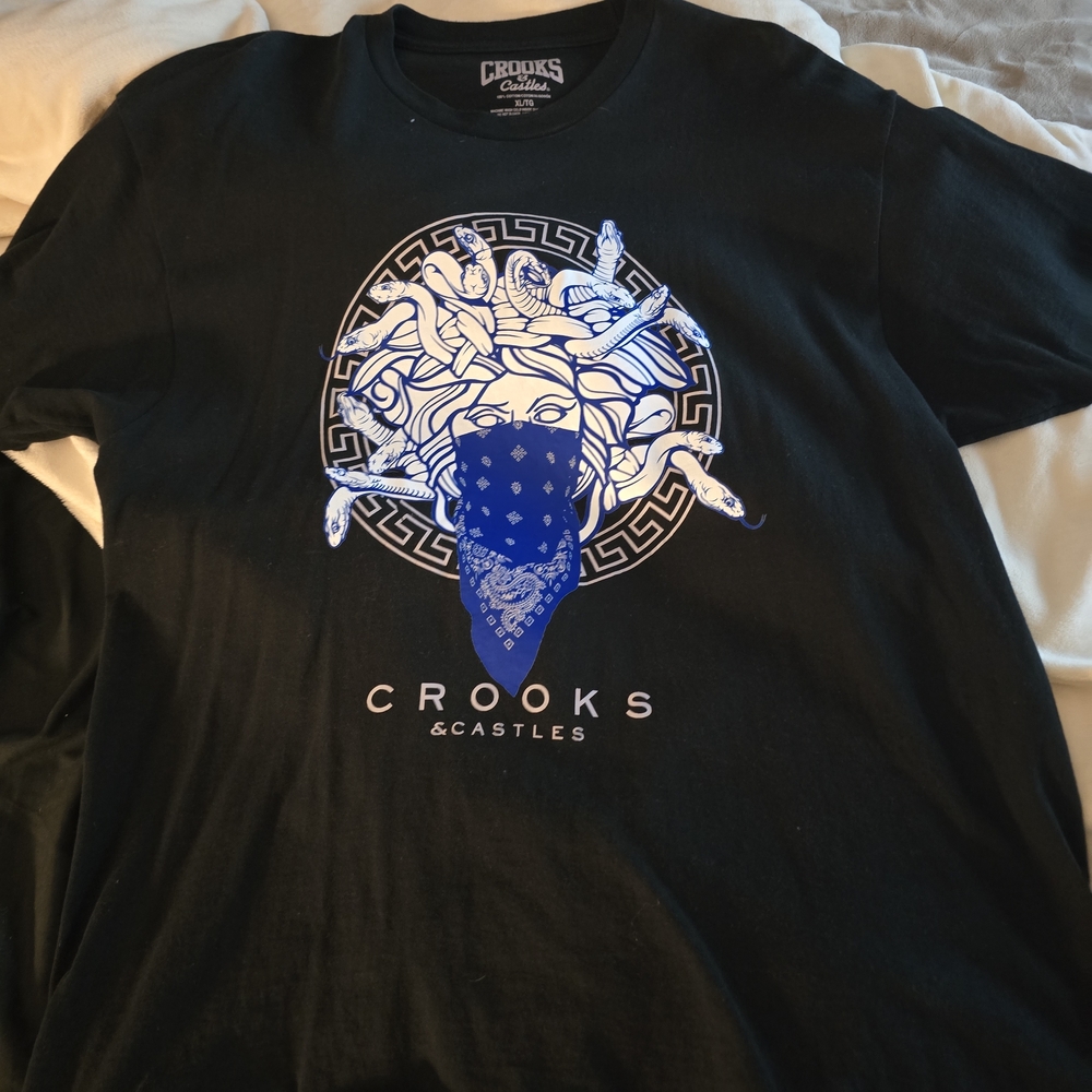 Crooks & Castles Black Tee with Blue Medusa Design